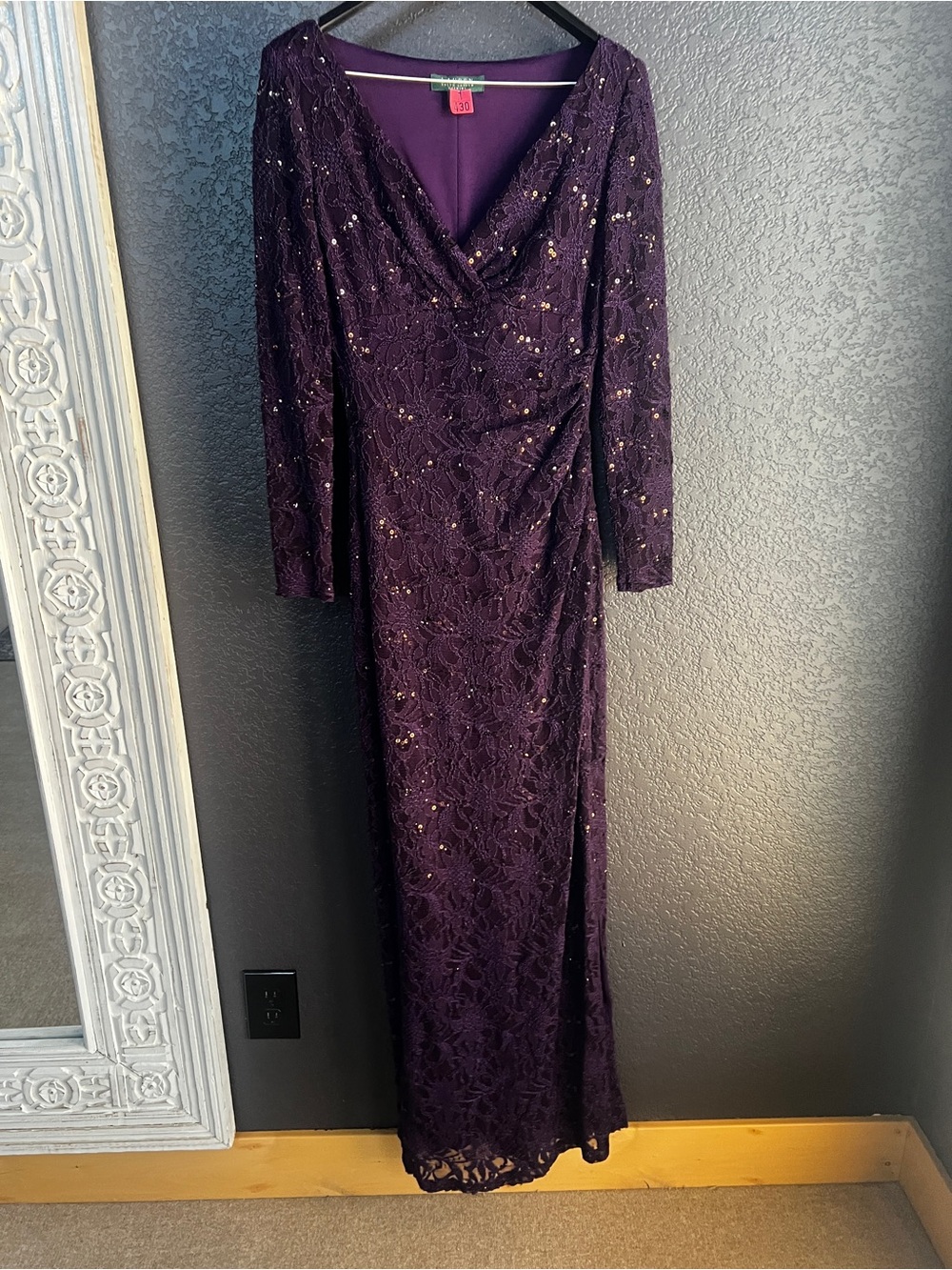Ralph Lauren Deep Purple Sequin Lace Long-Sleeve Gown